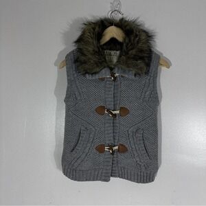 Pink Republic Gray Knit Sweater Vest Cream Lined Sherpa Faux Fur Collar Girls L